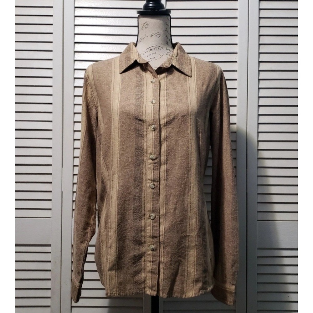 Vintage Columbia Jacquard Floral Stripe Button-up Shirt Women's XL Brown Tan